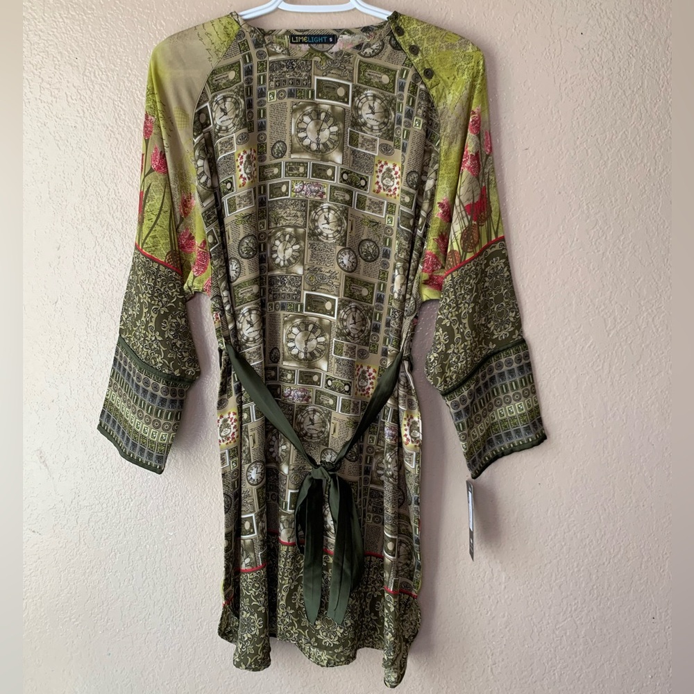 LIMELIGHT Pakistani Silk Clock Print Belted Retro Dress NWT